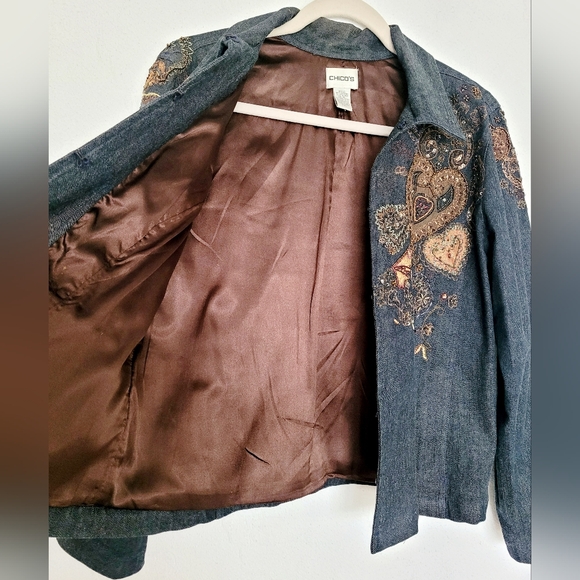 Chico's Women's Dark Blue Denim Embroidered Beaded Jacket 99%Cotton 1/Small - Picture 6 of 16
